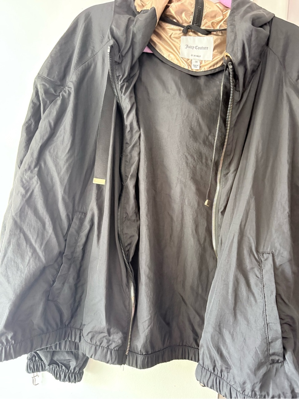 Juicy Couture Black Utility Windbreaker with Gold Lining Accent